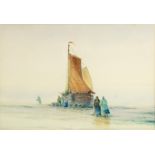 W Baker/Coastal Scene/fishing boat offshore with fishermen and women bringing in the