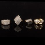 Four diamond dress rings, each set in 9ct gold, sizes M to P,