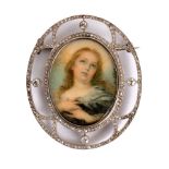 An oval French brooch, circa 1915, centred by a miniature portrait of a lady, signed Marie Antiona,