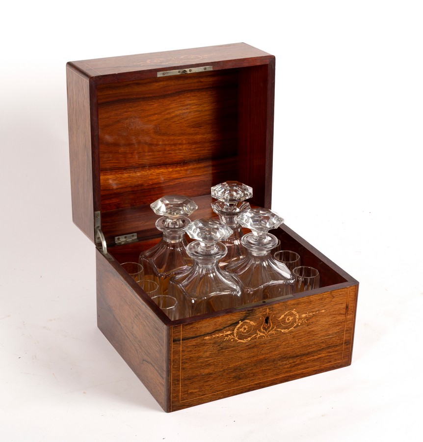 A Victorian rosewood and inlaid decanter box, the cover inlaid Liqueurs,