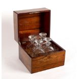 A Victorian rosewood and inlaid decanter box, the cover inlaid Liqueurs,