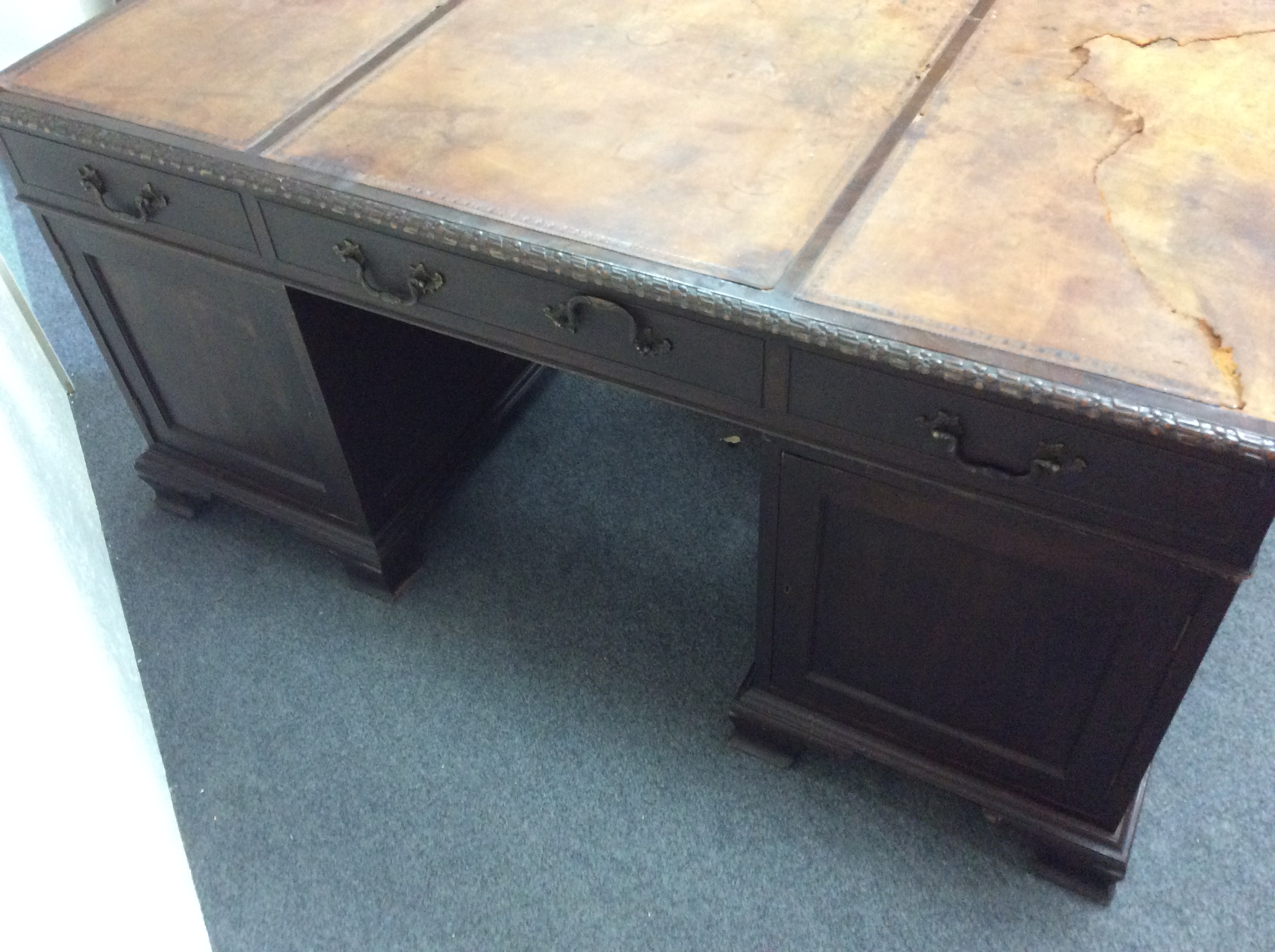 A 19th Century pedestal desk, with inset leather top, fitted a surround of nine drawers, - Image 5 of 9
