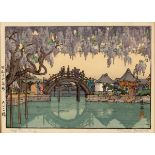 Toshi Yoshida (1911-1995)/ Linnoji Garden/Half Moon Bridge/signed in pencil/two woodblock prints,