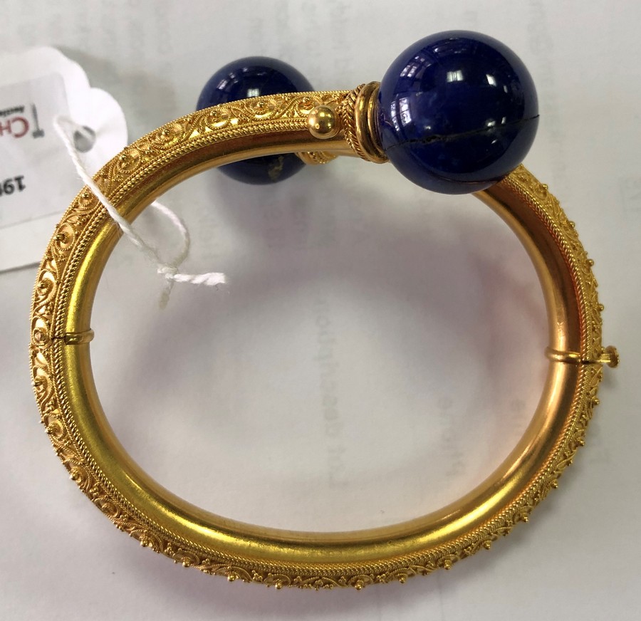 An Archaeological revival gold and lapis lazuli bangle, circa 1870, - Image 4 of 5