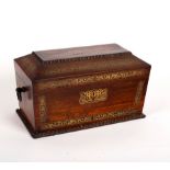 A Regency rosewood tea caddy of sarcophagus shape, inlaid brass decoration within knulled borders,