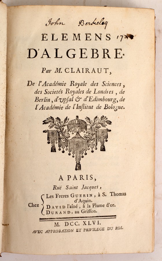 Clairaut, Alexis Claude. Elemens d'Algebre, Paris 1746. Folding tables. 8vo., cont. calf. - Bild 2 aus 2
