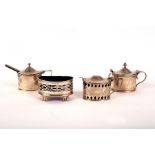 Three silver mustard pots, circa 1900, with blue glass liners and a similar open salt,