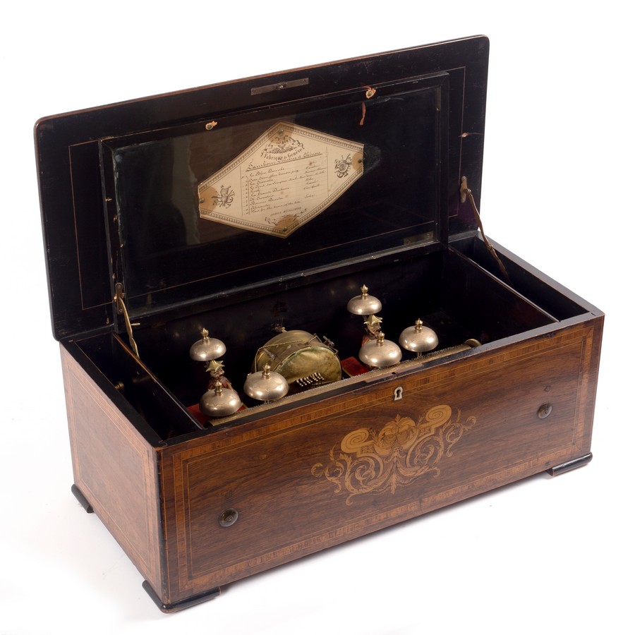 A 19th Century Swiss musical box with drum and four bells,