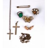 A citrine and pearl dress ring, two silver crosses, a silver filigree butterfly brooch etc.