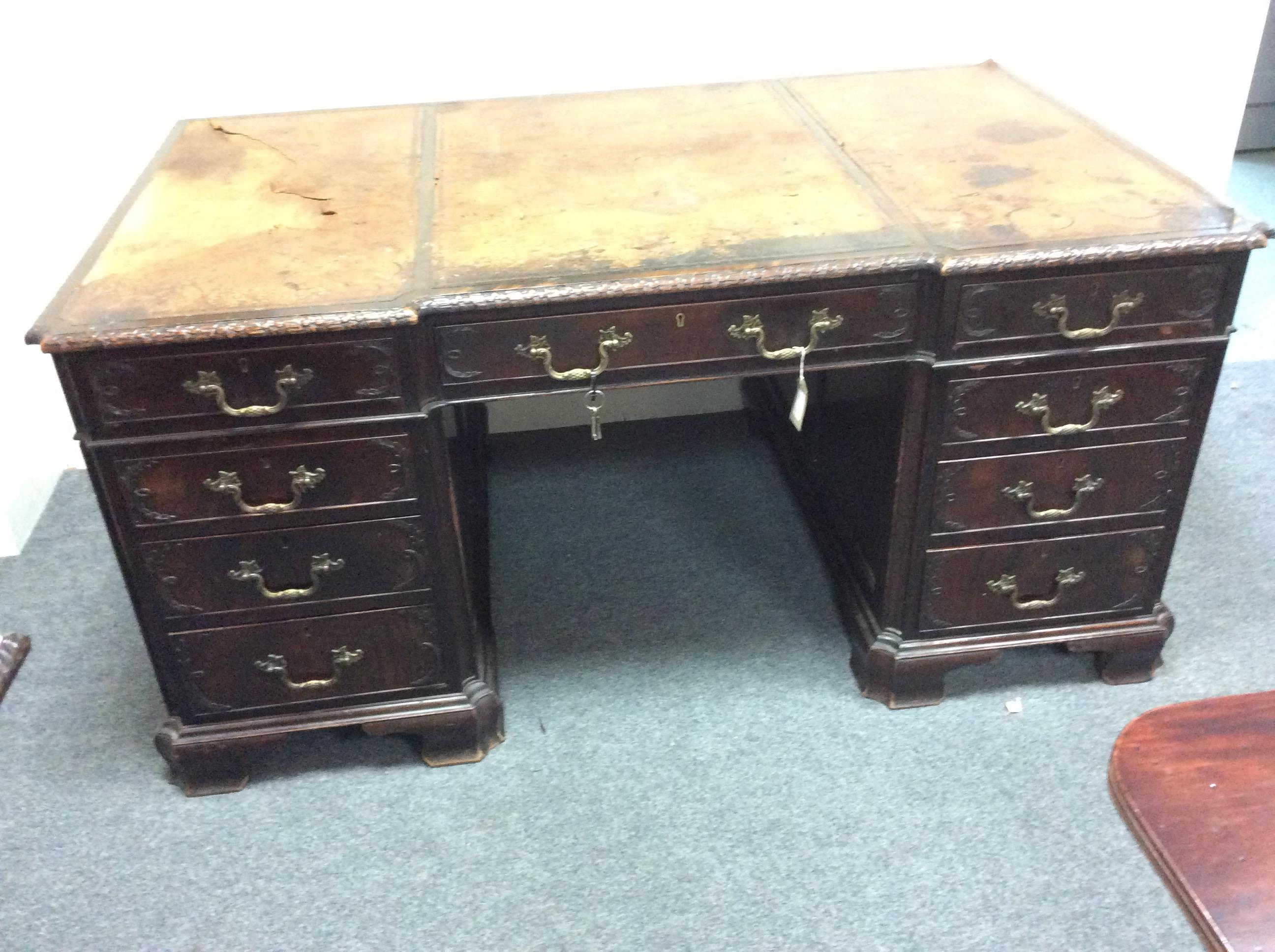 A 19th Century pedestal desk, with inset leather top, fitted a surround of nine drawers, - Image 9 of 9