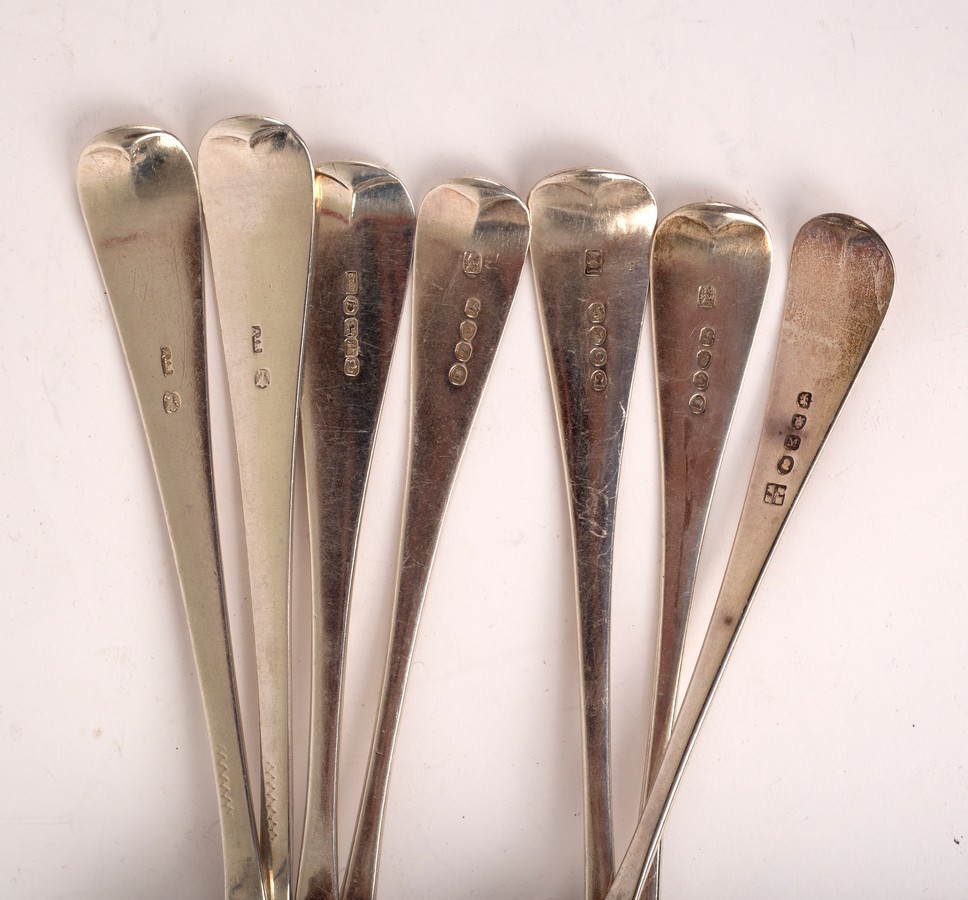 Five George III silver tablespoons, various, and a pair of Continental white metal tablespoons, - Image 2 of 2