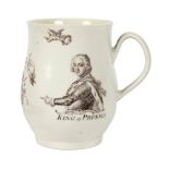 A Worcester bell-shaped mug, circa 1760, printed in black with 'King of Prussia',