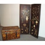A Japanese lacquer and brass bound box, with lift out tray and detachable legs, 59cm x 40.