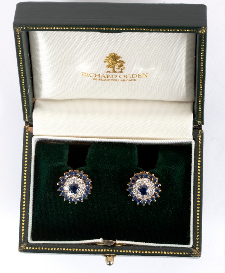 A pair of sapphire and diamond cluster ear studs with detachable outer border of sapphires, - Image 2 of 2