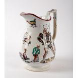 A Staffordshire harlequin puzzle jug with transfer printed decoration of a cock fighting scene,