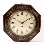 A Regency brass inlaid octagonal wall clock with painted dial, fitted a single fusee movement,