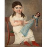 Early 19th Century Primitive School/Young Girl/seated in a chair holding a doll/oil on canvas,
