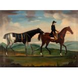 Early 19th Century Naive School/Groom on Horseback Leading a Hunter/oil on canvas,