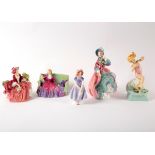 A Royal Worcester figure 'July', 19cm high and four Royal Doulton figures of Lydia,