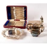 A boxed set of six EPNS fish knives and forks, a cigarette box, a sugar caster, a sugar basin,