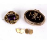 A Victorian amethyst brooch in gilt metal scroll frame, 44mm wide, a pair of 9ct gold cufflinks,