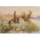Fanny Mearns (act 1870-1881)/Children Playing by a Stream/signed/watercolour,