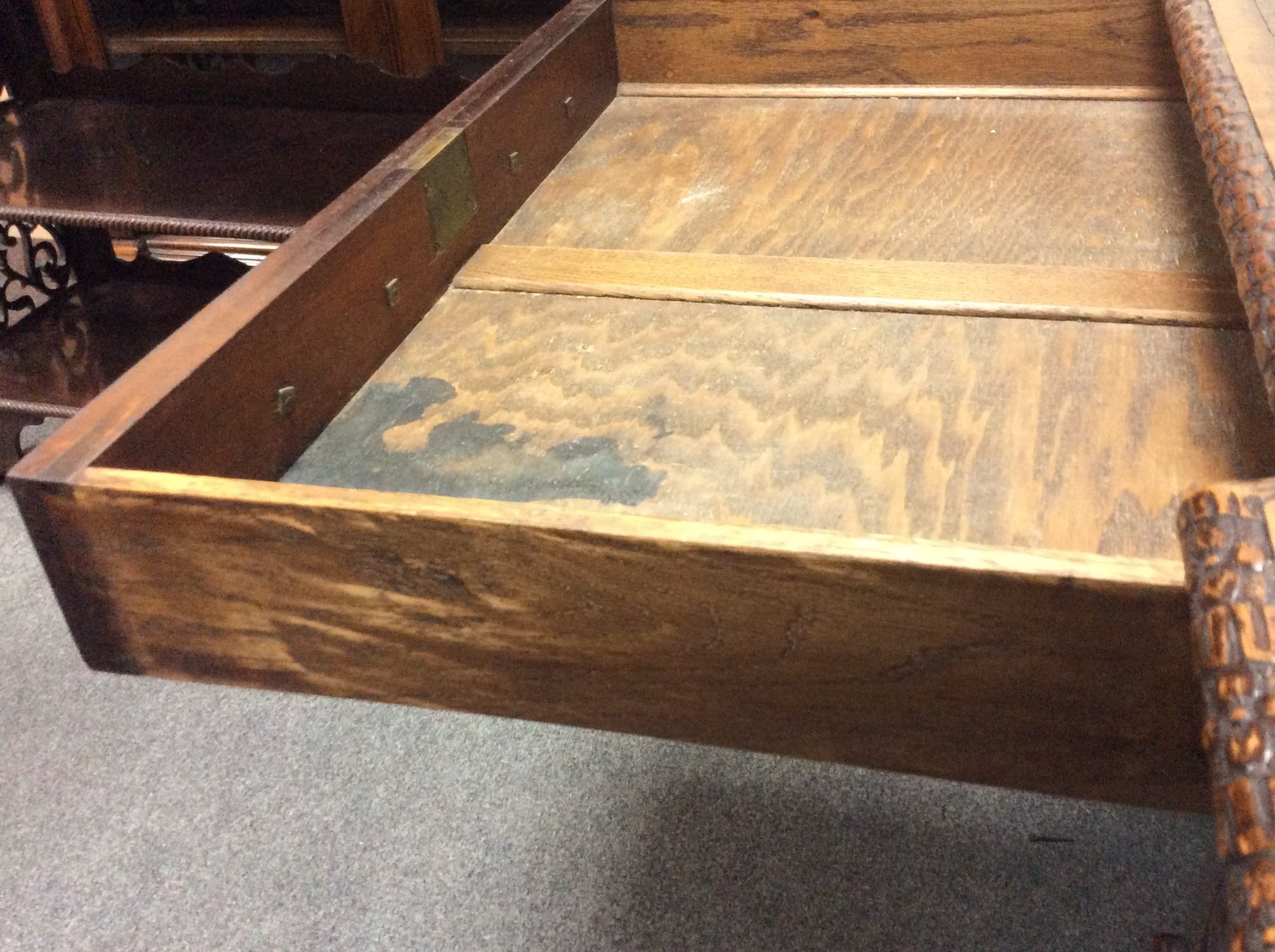 A 19th Century pedestal desk, with inset leather top, fitted a surround of nine drawers, - Image 2 of 9