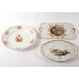 A late 19th Century Meissen (outside decorated) oval dish, painted a cockerel and hens,