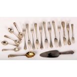 A quantity of silver flatware, Georgian and later, including forks, teaspoons and a cake slice,