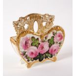 A porcelain heart-shaped wall pocket, painted pink cabbage roses, possibly Derby,