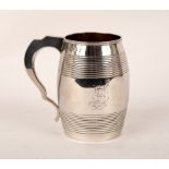 A George III silver barrel-shaped mug, London 1780, monogram to side and bands of reeded decoration,