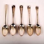 Five mid 18th Century silver tablespoons, old English pattern, bottom marked,
