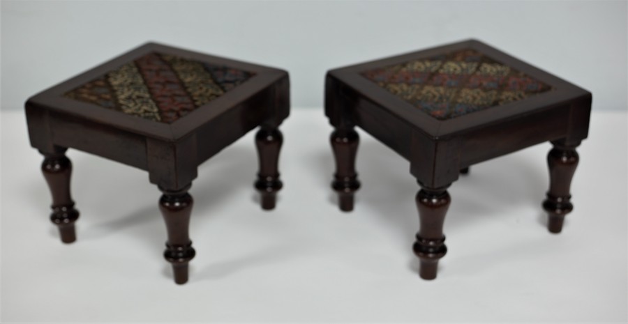 A pair of William IV stools with inset needlework tops on bun feet, - Image 2 of 4