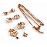 A diamond sapphire and ruby brooch set in 9ct gold, an Art Nouveau gem set pendant,