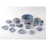 A group of Wedgwood blue jasperware items to include a bowl,