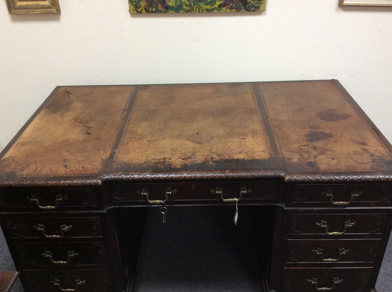 A 19th Century pedestal desk, with inset leather top, fitted a surround of nine drawers, - Image 8 of 9