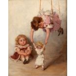 Seymour Lucas/After the Circus/a girl suspended on a swing holding her doll,