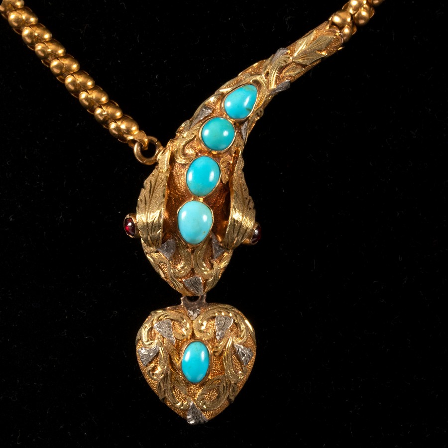 A Victorian snake necklace, the head with cabochon turquoise accents, - Image 3 of 4