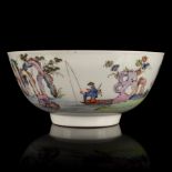 A Worcester bowl, circa 1755, finely painted with a continuous chinoiserie river scene,