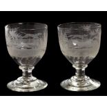 Hunting interest: A pair of engraved glass rummers,