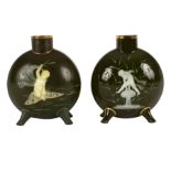A pair of Moore Brothers porcelain green ground pâte-sur-pâte moon flask vases, circa 1880,
