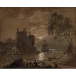 Late 18th Century English School/Castle on a Shore/with four-masted ship in a moonlit