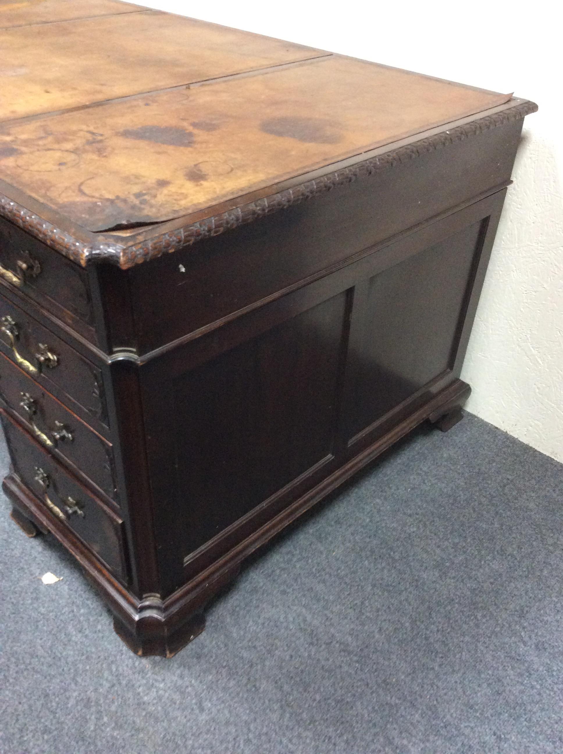 A 19th Century pedestal desk, with inset leather top, fitted a surround of nine drawers, - Image 3 of 9