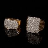 Two modern pavé set diamond rings, in 9ct gold, one with rectangular plaque and reeded shoulders,