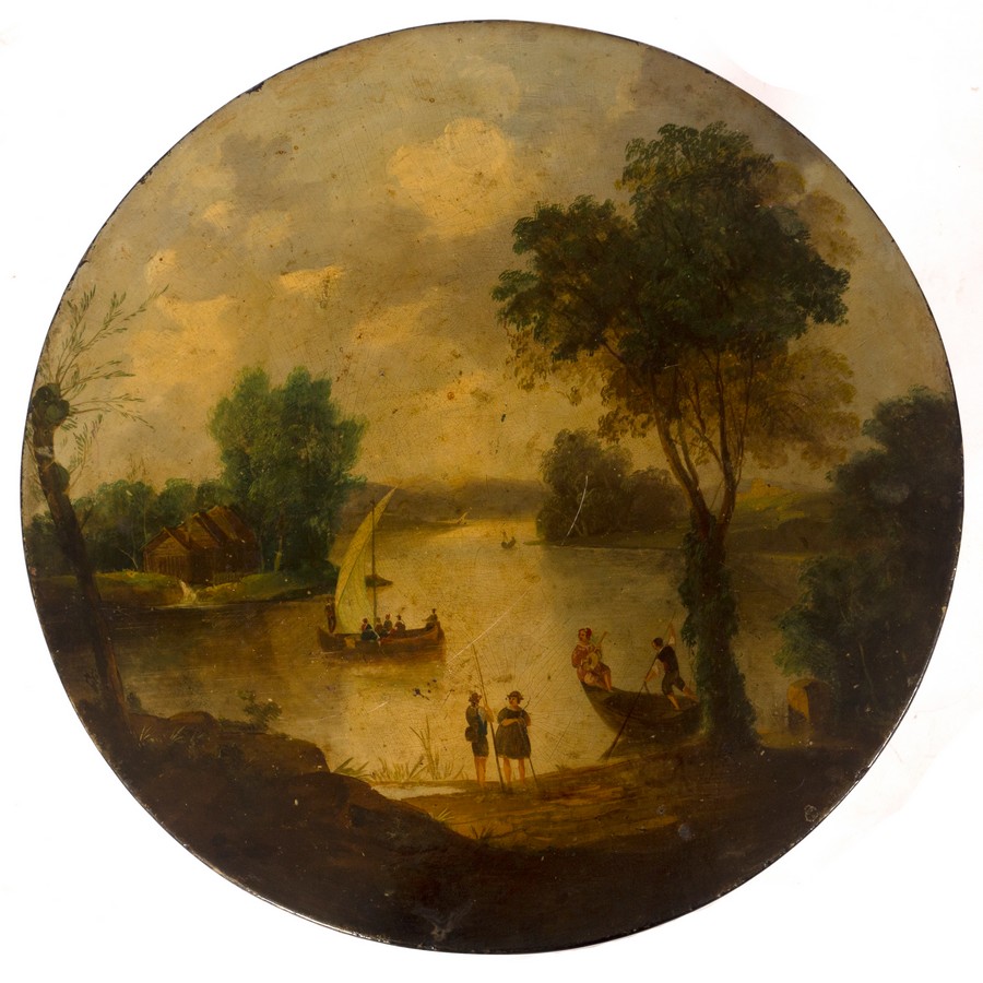 A circular table, the top painted a scene of figures in boats on a lake and fisherman on shore, - Image 2 of 2