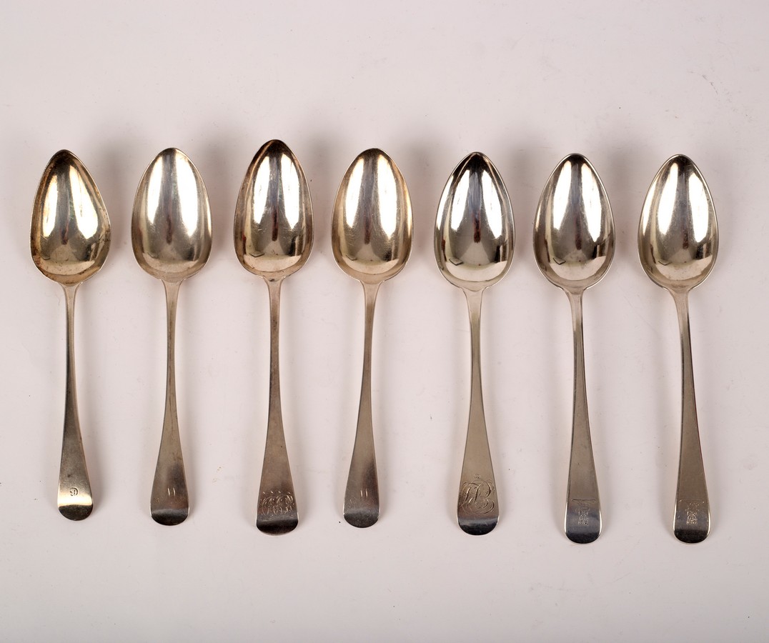 Five George III silver tablespoons, various, and a pair of Continental white metal tablespoons,