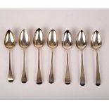 Five George III silver tablespoons, various, and a pair of Continental white metal tablespoons,