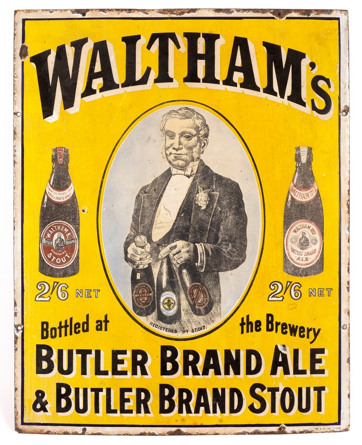 An enamel sign for Butler Brand Ale & Stout,