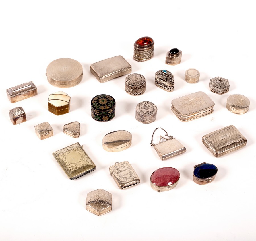 A collection of pill boxes and vesta cases, in silver, white metal and plate,