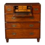 A Victorian brass bound campaign chest fitted a central secretaire drawer with Bramah lock,